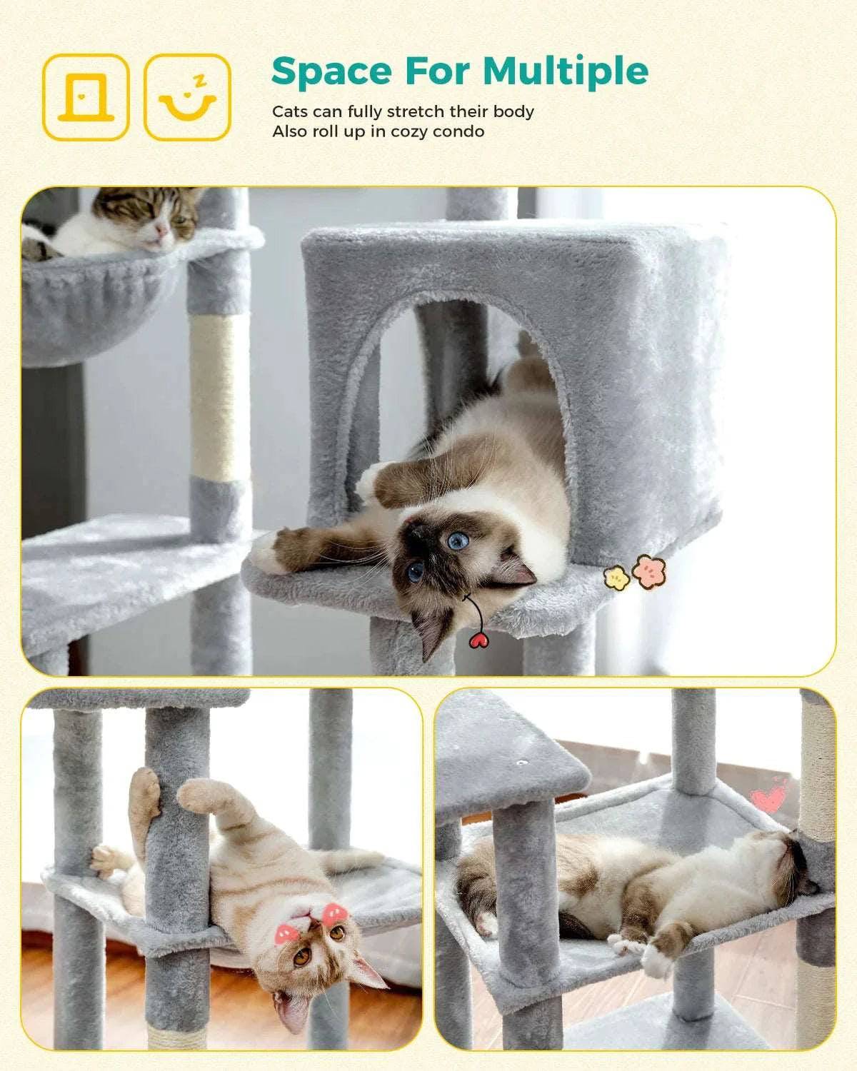 56.3" Gray Cat Tree Plush Tower Multilevel Play House with Sisal Scratching Posts, Spacious Hammock and Large Condos Upgrade TRENDYPET'S ZONE