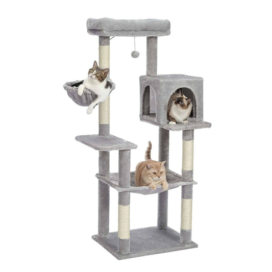 56.3" Gray Cat Tree Plush Tower Multilevel Play House with Sisal Scratching Posts, Spacious Hammock and Large Condos Upgrade TRENDYPET'S ZONE