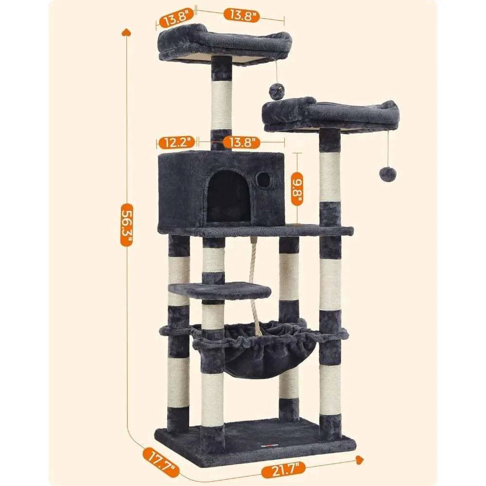 56.3" Smoke Ash Cat tree with hammocks plush bass and scratching columns suitable for indoor use TRENDYPET'S ZONE