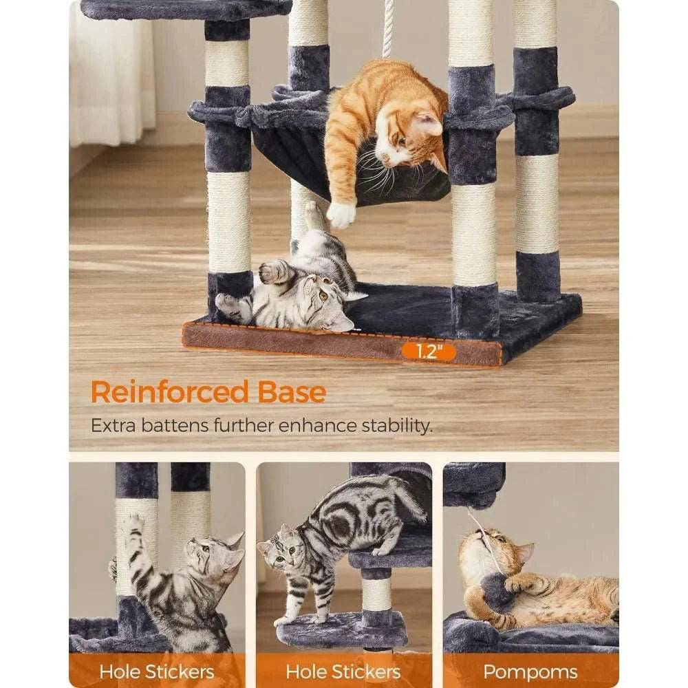 56.3" Smoke Ash Cat tree with hammocks plush bass and scratching columns suitable for indoor use TRENDYPET'S ZONE