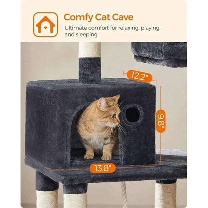 56.3" Smoke Ash Cat tree with hammocks plush bass and scratching columns suitable for indoor use TRENDYPET'S ZONE