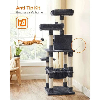 56.3" Smoke Ash Cat tree with hammocks plush bass and scratching columns suitable for indoor use TRENDYPET'S ZONE