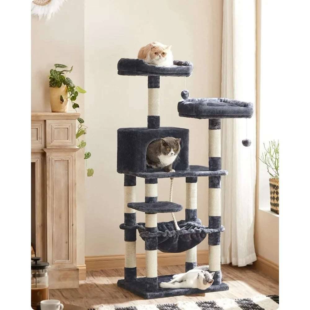 56.3" Smoke Ash Cat tree with hammocks plush bass and scratching columns suitable for indoor use TRENDYPET'S ZONE