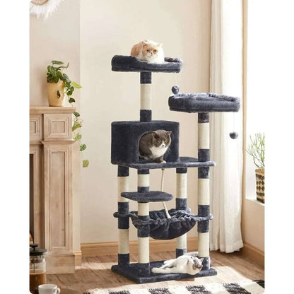 56.3" Smoke Ash Cat tree with hammocks plush bass and scratching columns suitable for indoor use TRENDYPET'S ZONE