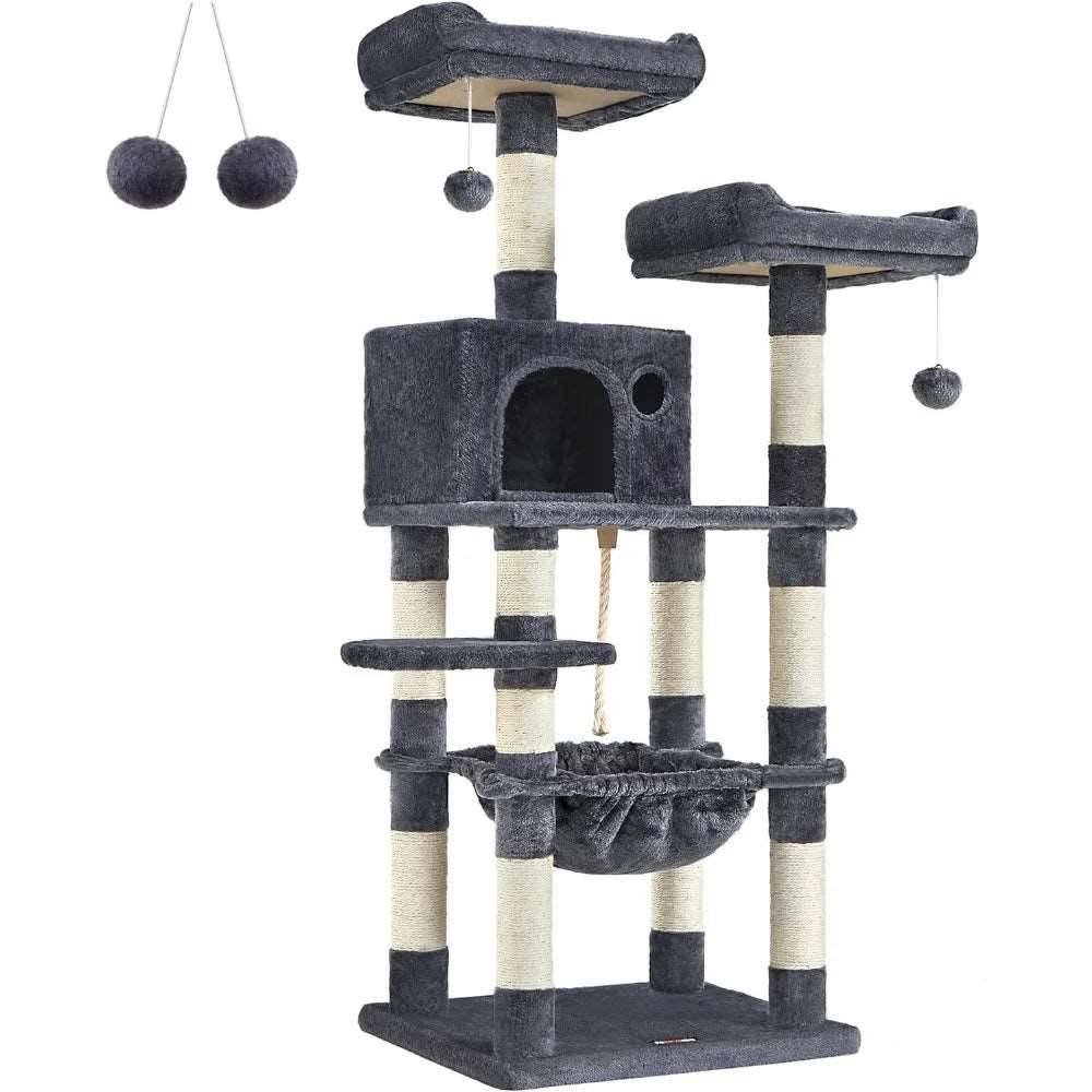 56.3" Smoke Ash Cat tree with hammocks plush bass and scratching columns suitable for indoor use TRENDYPET'S ZONE