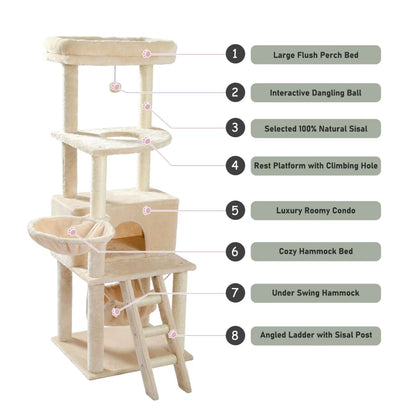 56" Beige Cat Tree, Multi-Level Cat Tower for Indoor with Large Cat Condo, Deep Hammock and Scratching Post TRENDYPET'S ZONE