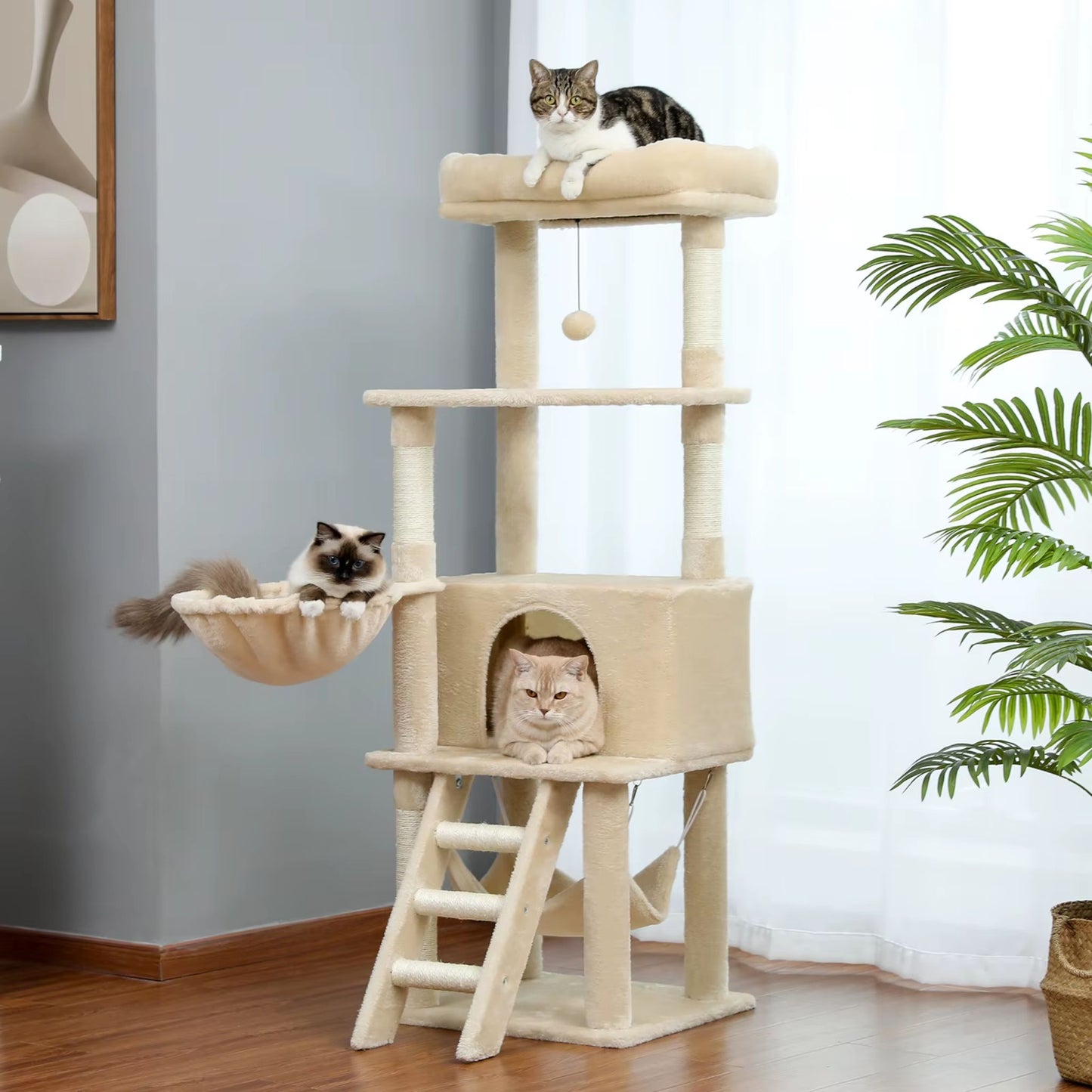 56" Beige Cat Tree, Multi-Level Cat Tower for Indoor with Large Cat Condo, Deep Hammock and Scratching Post TRENDYPET'S ZONE