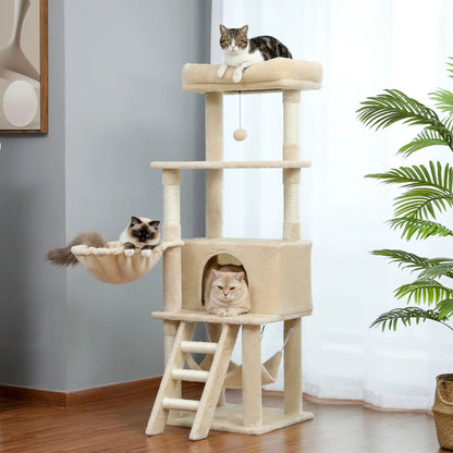 56" Beige Cat Tree, Multi-Level Cat Tower for Indoor with Large Cat Condo, Deep Hammock and Scratching Post TRENDYPET'S ZONE