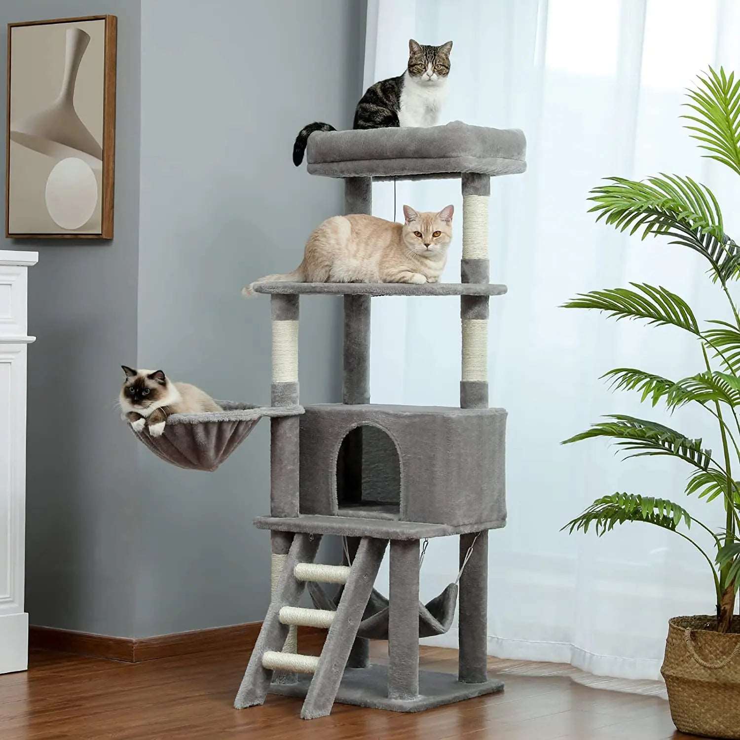 56" Grey Cat Tree, Multi-Level Cat Tower for Indoor with Large Cat Condo, Deep Hammock and Scratching Post - Trendypet's Zone