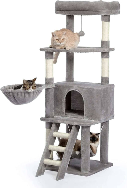 56" Grey Cat Tree, Multi-Level Cat Tower for Indoor with Large Cat Condo, Deep Hammock and Scratching Post - Trendypet's Zone