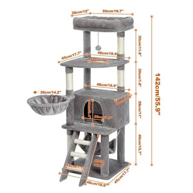 56" Grey Cat Tree, Multi-Level Cat Tower for Indoor with Large Cat Condo, Deep Hammock and Scratching Post - Trendypet's Zone