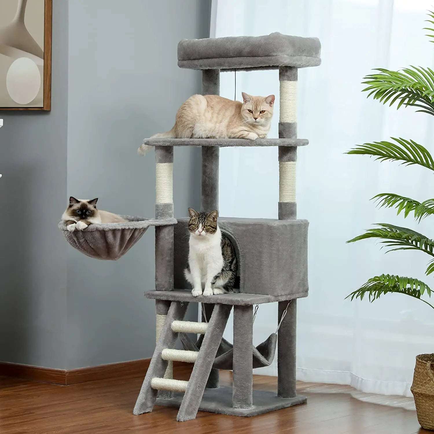 56" Grey Cat Tree, Multi-Level Cat Tower for Indoor with Large Cat Condo, Deep Hammock and Scratching Post - Trendypet's Zone