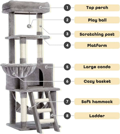 56" Grey Cat Tree, Multi-Level Cat Tower for Indoor with Large Cat Condo, Deep Hammock and Scratching Post - Trendypet's Zone