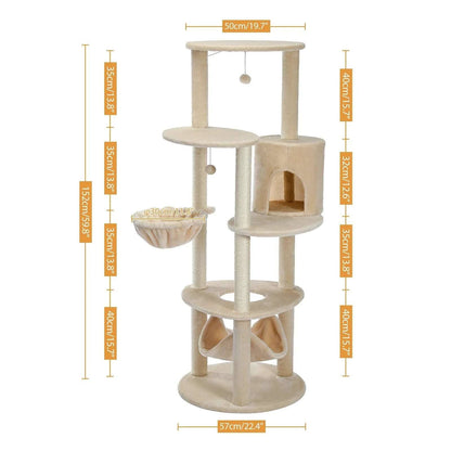 59.8" Beige Cat Scratcher Tower Home Furniture Cat Tree Pets Hammock Sisal Cat Scratching Post Climbing Frame Toy Spacious Perch TRENDYPET'S ZONE