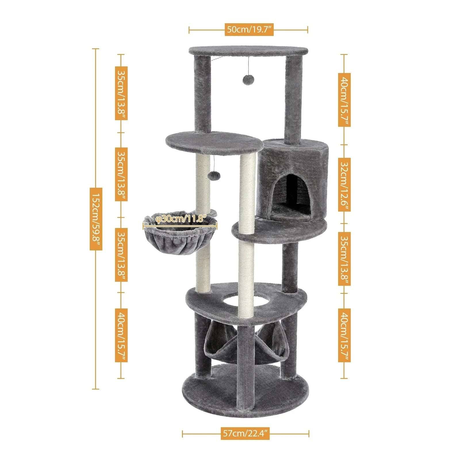 59.8" Grey Cat Scratcher Tower Home Furniture Cat Tree Pets Hammock Sisal Cat Scratching Post Climbing Frame Toy Spacious Perch - Trendypet's Zone