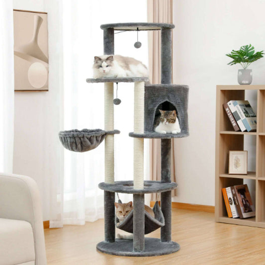 59.8" Grey Cat Scratcher Tower Home Furniture Cat Tree Pets Hammock Sisal Cat Scratching Post Climbing Frame Toy Spacious Perch - Trendypet's Zone