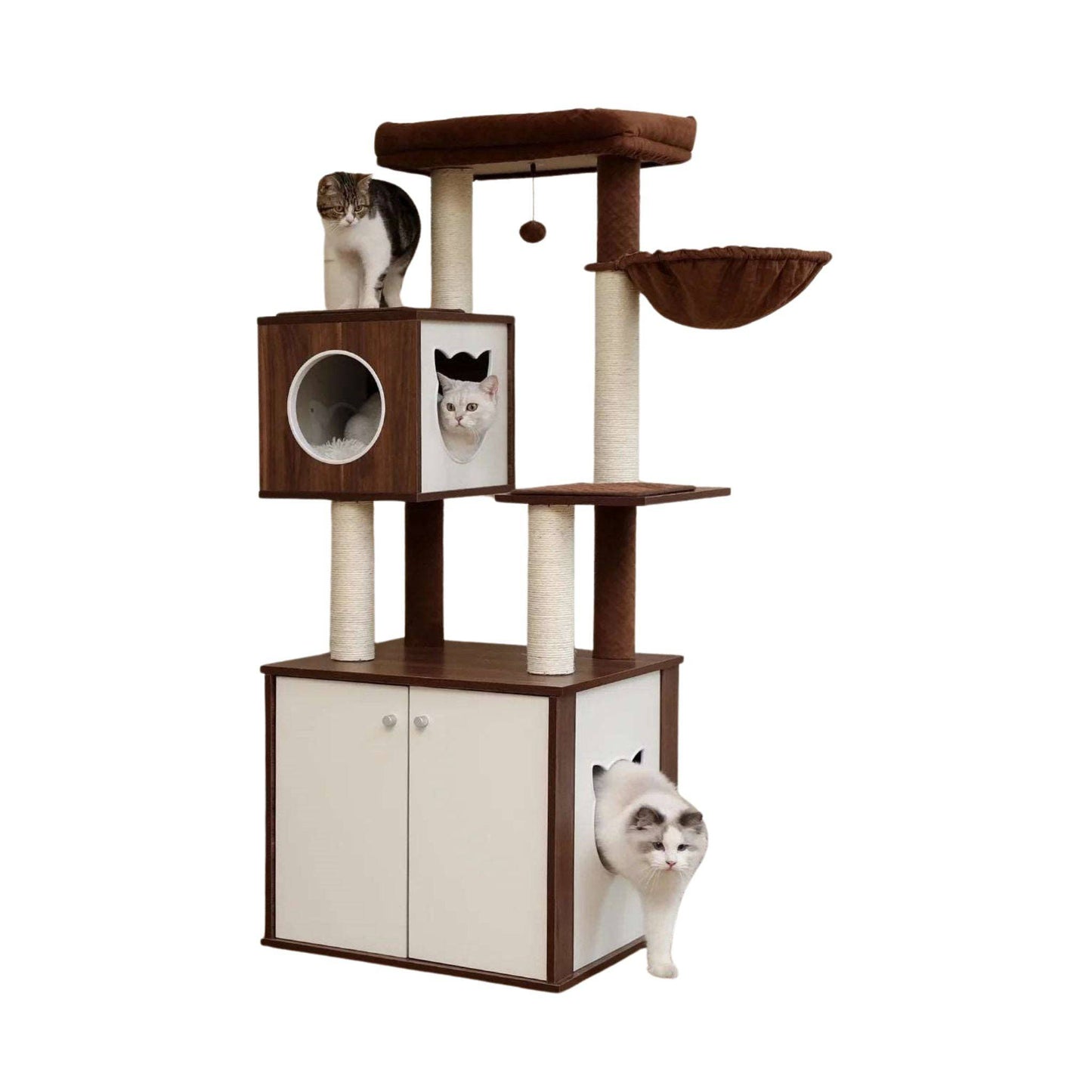 59" Brown Luxury Cat Tree Tower with Cabinet Wood Post Toy Large Spacious Perch Sleep Hammock TRENDYPET'S ZONE