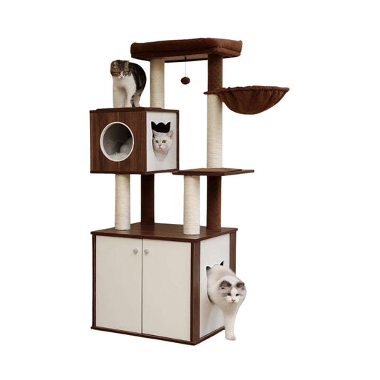 59" Brown Luxury Cat Tree Tower with Cabinet Wood Post Toy Large Spacious Perch Sleep Hammock - Trendypet's Zone