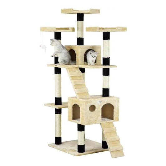 72" Beige Black Tall Extra Large Cat Tree Tower Condo House for Large Indoor Cats Play Scratch With Two Ladders - Trendypet's Zone