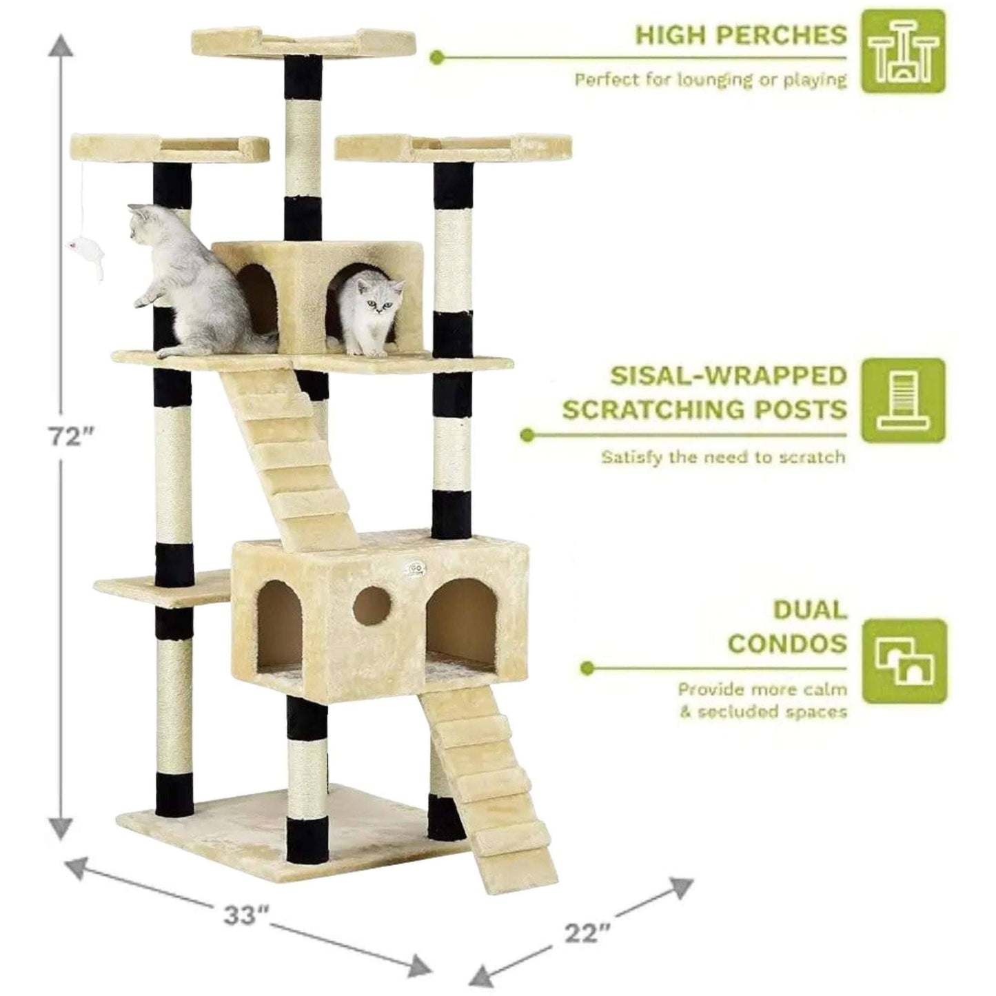 72" Beige Black Tall Extra Large Cat Tree Tower Condo House for Large Indoor Cats Play Scratch With Two Ladders TRENDYPET'S ZONE