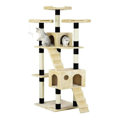 72" Beige Black Tall Extra Large Cat Tree Tower Condo House for Large Indoor Cats Play Scratch With Two Ladders TRENDYPET'S ZONE