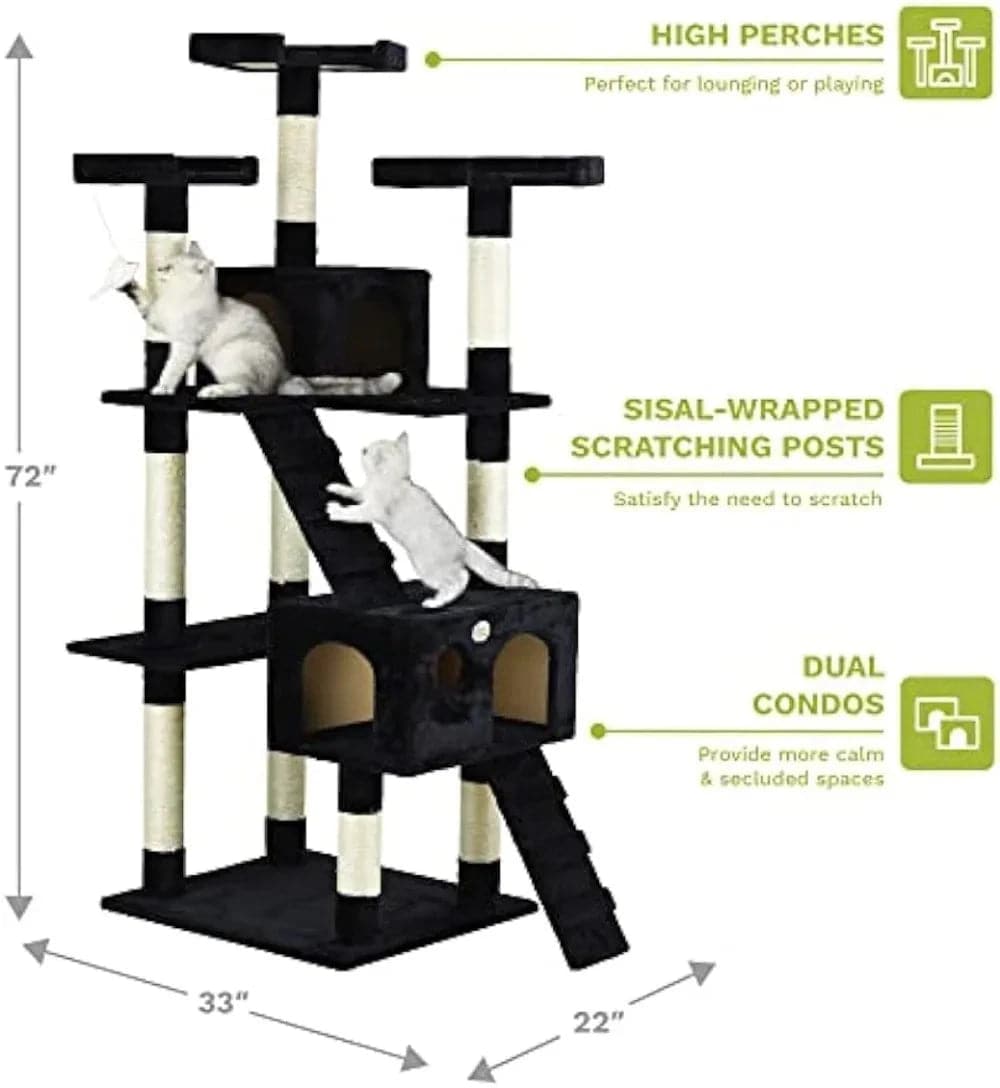 72" Black Tall Extra Large Cat Tree Tower Condo House for Large Indoor Cats Play Scratch With Two Ladders TRENDYPET'S ZONE