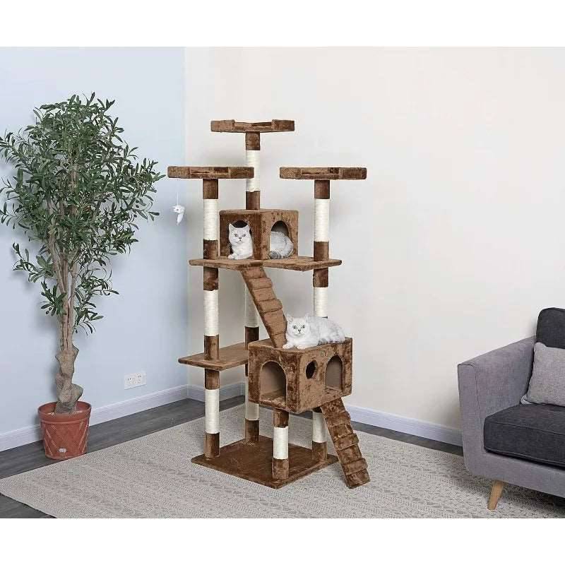 72" Brown Tall Extra Large Cat Tree Tower Condo House for Large Indoor Cats Play Scratch With Two Ladders TRENDYPET'S ZONE