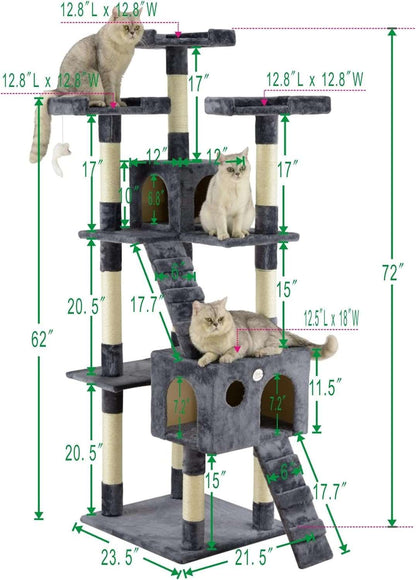 72" Slate Grey Tall Extra Large Cat Tree Tower Condo House for Large Indoor Cats Play Scratch With Two Ladders - Trendypet's Zone