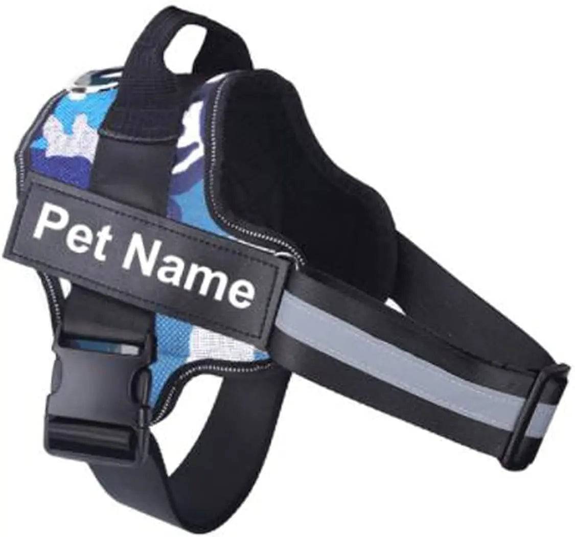 Blue Camouflage Dog Harness No Pull Reflective Breathable Pet Harness With Name For Dogs Custom Patch Adjustable Outdoor Walking Dog Supplies TRENDYPET'S ZONE