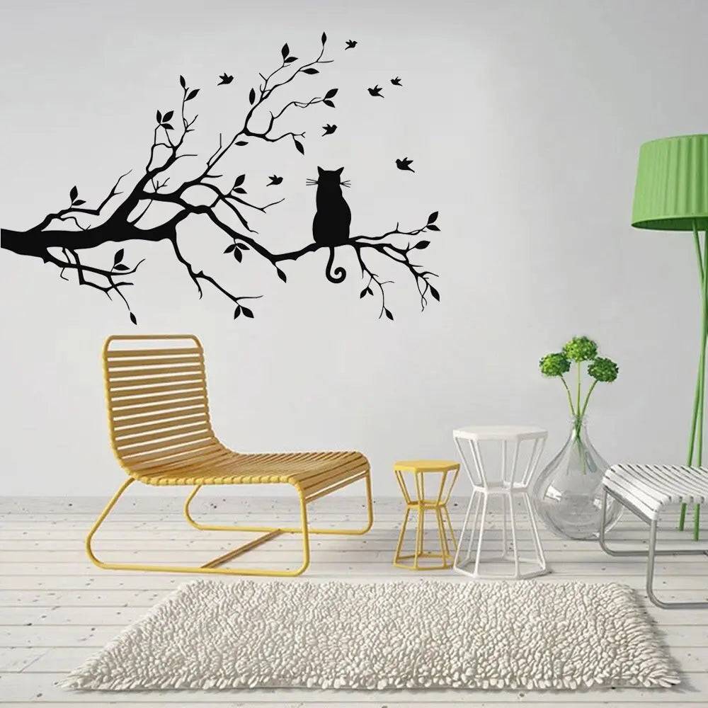 Cat on a tree branch wall sticker Living room sofa background bedroom home decoration art Decals wallpaper Hand carved Stickers TRENDYPET'S ZONE