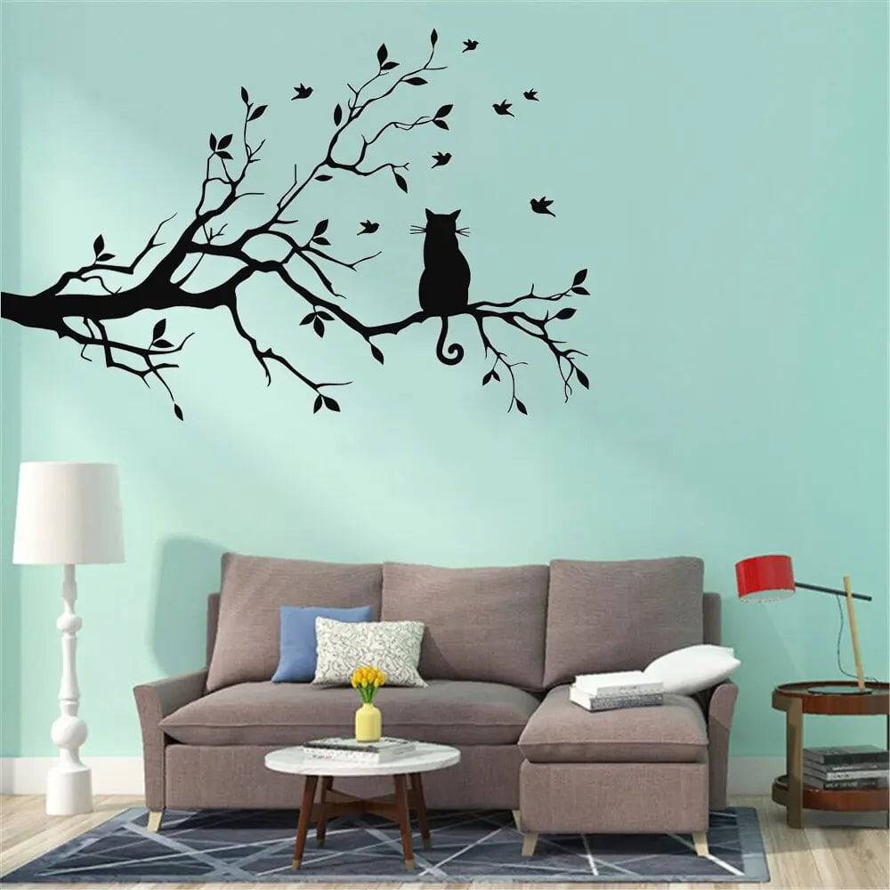 Cat on a tree branch wall sticker Living room sofa background bedroom home decoration art Decals wallpaper Hand carved Stickers TRENDYPET'S ZONE