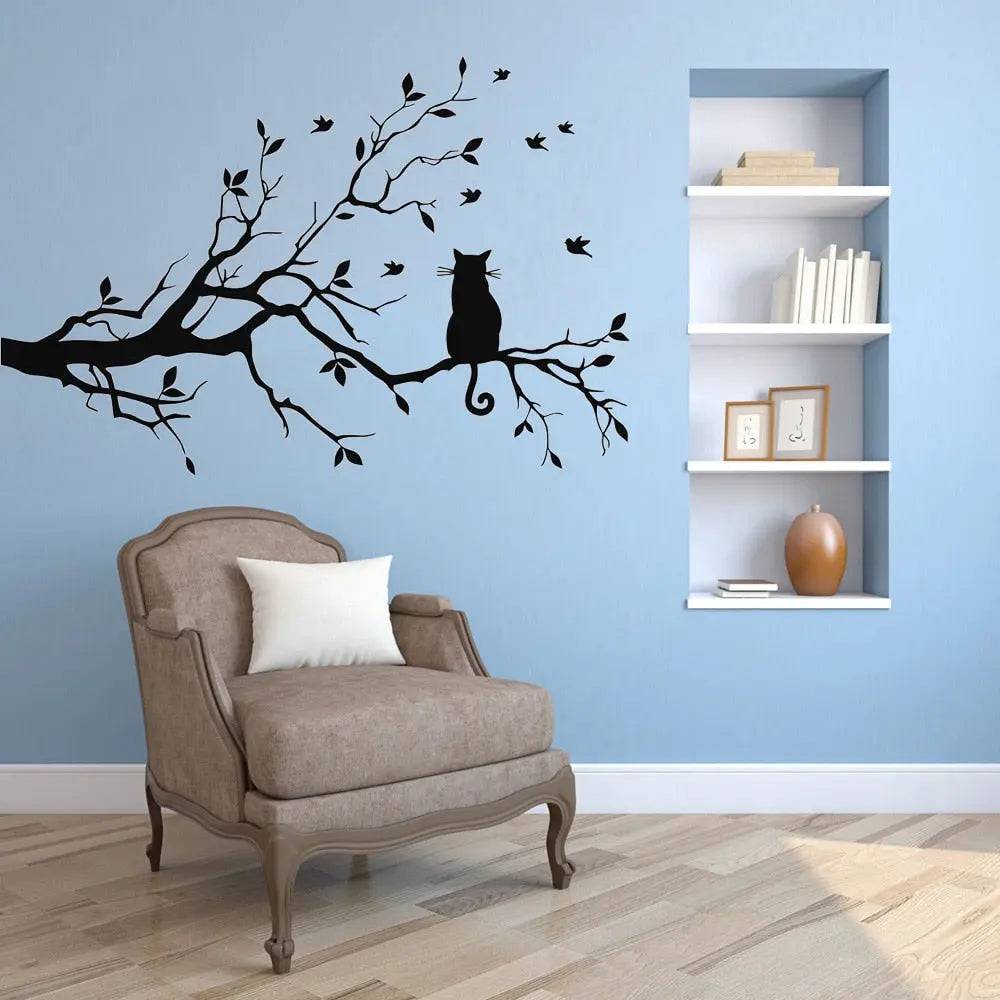 Cat on a tree branch wall sticker Living room sofa background bedroom home decoration art Decals wallpaper Hand carved Stickers TRENDYPET'S ZONE