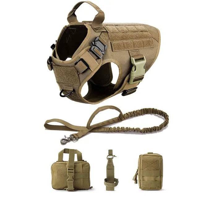 Sand Khaki Nylon Tactical Dog Harness And Leash Set Metal Buckle Big Dog Vest Durable Pet Harness For Small Large Dogs TRENDYPET'S ZONE