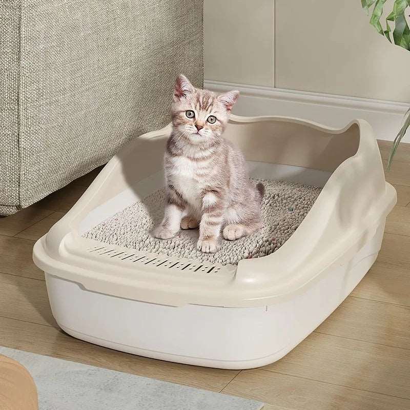 Beige Cat Litter Box Pet Sandbox for Kitty Anti-Splash Kitten Toilet Tray Bedpan Cleaning - Trendypet's Zone