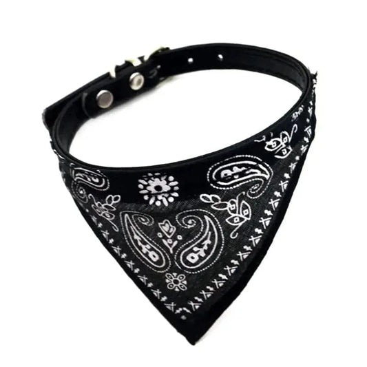 Black Adjustable cat and dog bandana collar PU pet neck scarf with printed triangle scarf - Trendypet's Zone