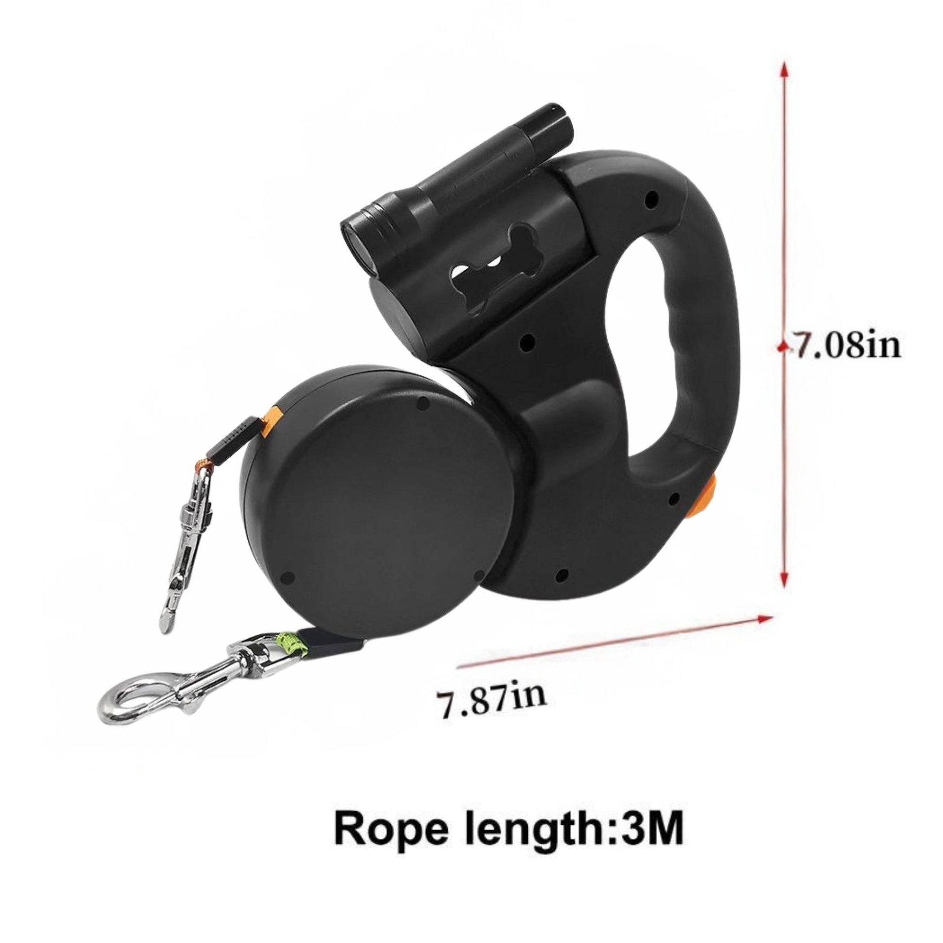 Black Auto Retractable Double-Ended Traction Rope Dual Dog Leash 360-Degree Rotating With Flashlight & Garbage Bag Storage - Trendypet's Zone