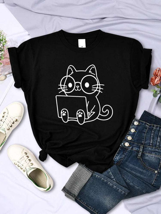 Black Careful Study Of Work Cat Sketches Women T-Shirt Personality Trend Casual Tee Clothing Street Creative Tops Female Short Sleeve TRENDYPET'S ZONE