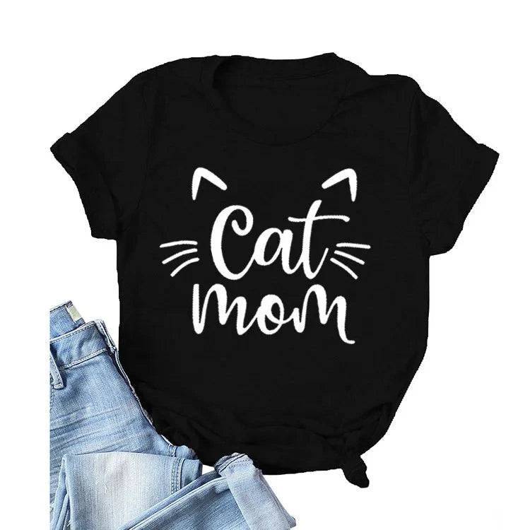 Black "Cat Mom" Vivid Letter Print Women T-Shirt Short Sleeve O-Neck Loose Ladies Tee Tops Clothes TRENDYPET'S ZONE