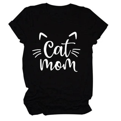 Black "Cat Mom" Vivid Letter Print Women T-Shirt Short Sleeve O-Neck Loose Ladies Tee Tops Clothes TRENDYPET'S ZONE