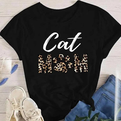 Black Cat Mom Women Lady Oversized T-shirt Tees Female Fashion Summer Short Sleeve Cartoon Print Graphic Clothes Tops Cute Cat Animal TRENDYPET'S ZONE