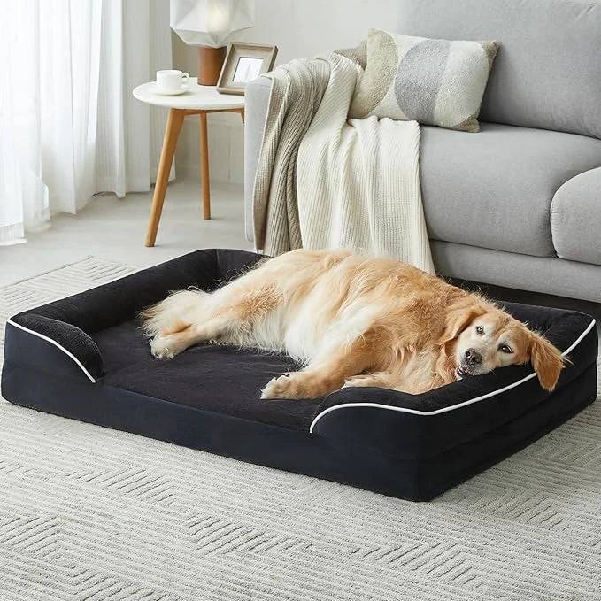 Black Extra Large Bolster Dog Bed with Waterproof Lining & Non-Skid Bottom, Washable, Orthopedic Egg Foam Couch, XL 42"x 30"x 7" - Trendypet's Zone