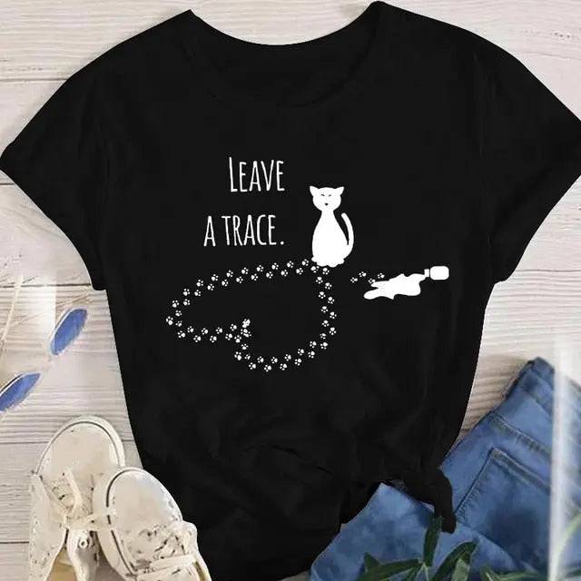 Black Leave A Trace Women Lady Oversized T-shirt Tees Female Fashion Summer Short Sleeve Cartoon Print Graphic Clothes Tops Cute Cat Animal - Trendypet's Zone