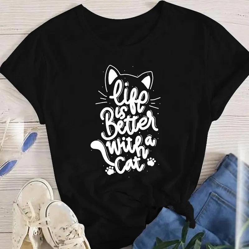 Black Life Is Better With A Cat Women Lady Oversized T-shirt Tees Female Fashion Summer Short Sleeve Cartoon Print Graphic Clothes Tops Cute Cat Animal TRENDYPET'S ZONE