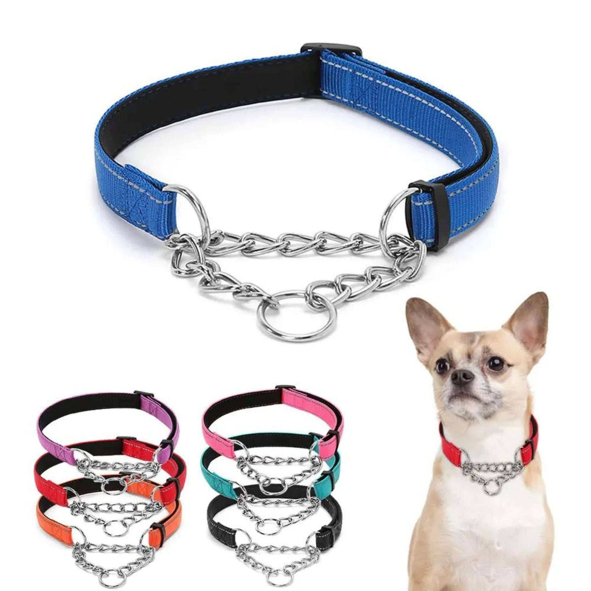 Black Stainless Steel Chain Reflective Nylon Fabric Pet Collars for Small Medium Large Dogs TRENDYPET'S ZONE