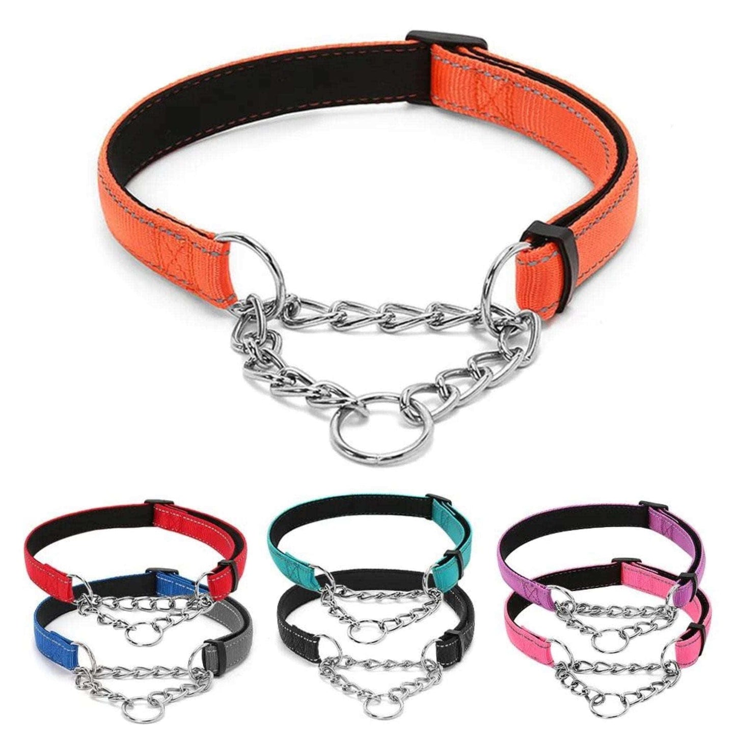 Black Stainless Steel Chain Reflective Nylon Fabric Pet Collars for Small Medium Large Dogs TRENDYPET'S ZONE