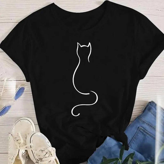 Black Women Lady Oversized T-shirt Tees Female Fashion Summer Short Sleeve Cartoon Print Graphic Clothes Tops Cute Cat Animal - Trendypet's Zone