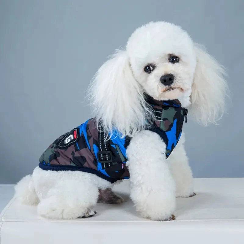 Blue Camouflage Winter Pet Dog Jacket With Harness Warm Clothes Waterproof Coat Outfits - Trendypet's Zone