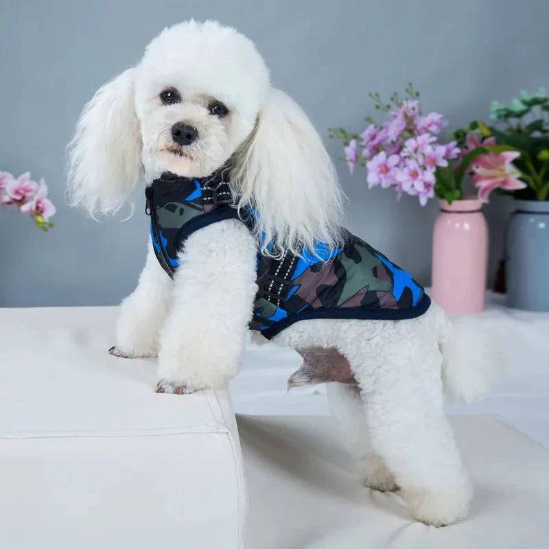 Blue Camouflage Winter Pet Dog Jacket With Harness Warm Clothes Waterproof Coat Outfits - Trendypet's Zone