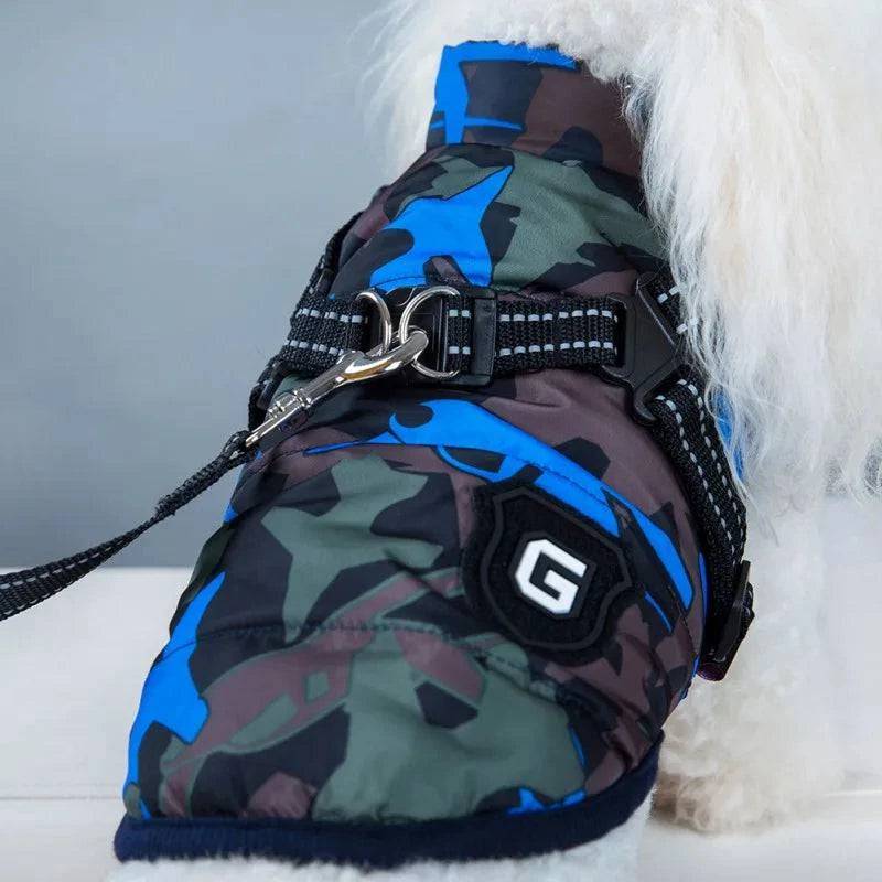 Blue Camouflage Winter Pet Dog Jacket With Harness Warm Clothes Waterproof Coat Outfits - Trendypet's Zone