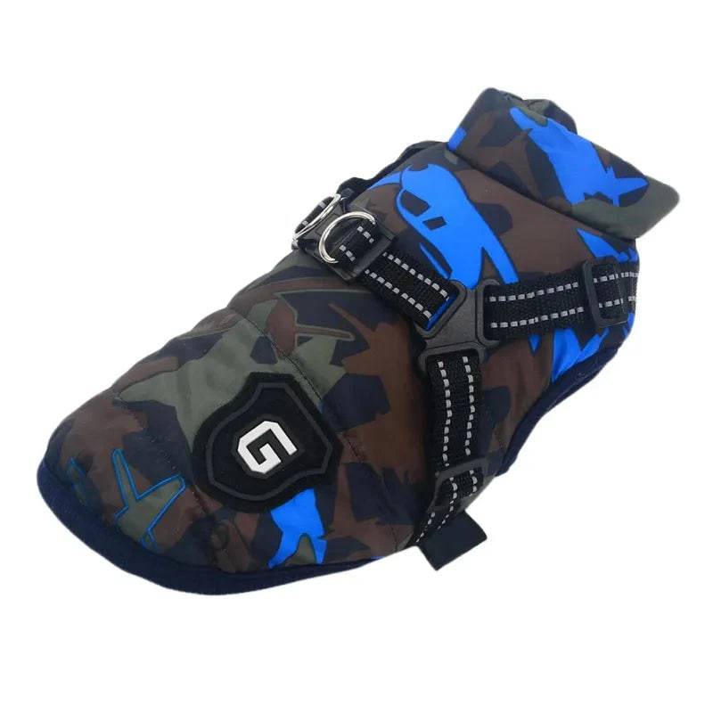 Blue Camouflage Winter Pet Dog Jacket With Harness Warm Clothes Waterproof Coat Outfits - Trendypet's Zone